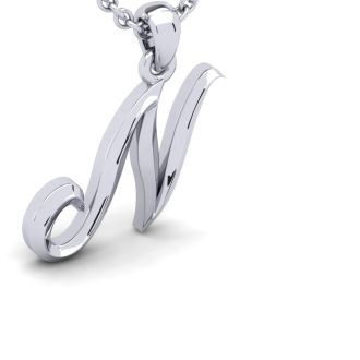 Letter N Swirly Initial Necklace In Heavy 14K White Gold With Free 18 Inch Cable Chain