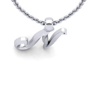 Letter N Swirly Initial Necklace In Heavy 14K White Gold With Free 18 Inch Cable Chain