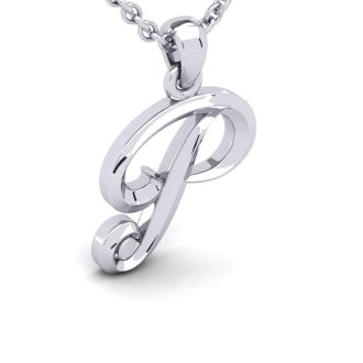 Letter P Swirly Initial Necklace In Heavy 14K White Gold With Free 18 Inch Cable Chain
