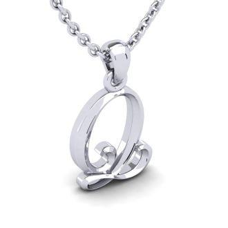 Letter Q Swirly Initial Necklace In Heavy 14K White Gold With Free 18 Inch Cable Chain