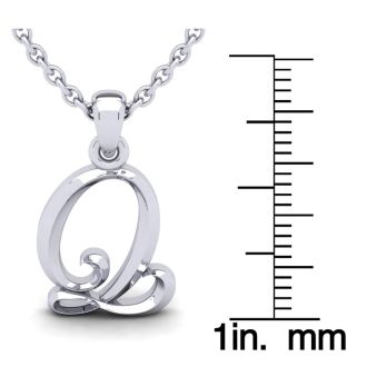 Letter Q Swirly Initial Necklace In Heavy 14K White Gold With Free 18 Inch Cable Chain