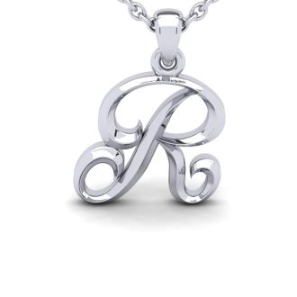 Letter R Swirly Initial Necklace In Heavy 14K White Gold With Free 18 Inch Cable Chain