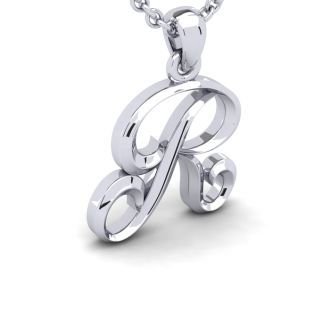 Letter R Swirly Initial Necklace In Heavy 14K White Gold With Free 18 Inch Cable Chain