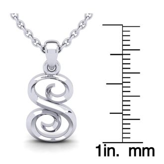 Letter S Swirly Initial Necklace In Heavy 14K White Gold With Free 18 Inch Cable Chain