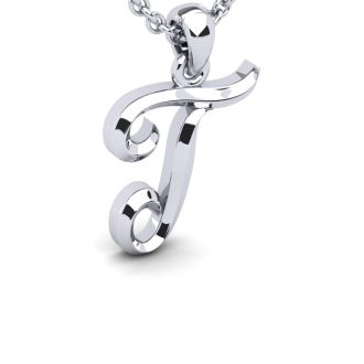 Letter T Swirly Initial Necklace In Heavy 14K White Gold With Free 18 Inch Cable Chain