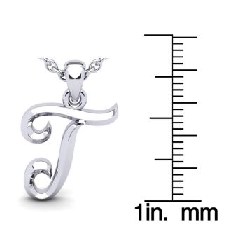 Letter T Swirly Initial Necklace In Heavy 14K White Gold With Free 18 Inch Cable Chain