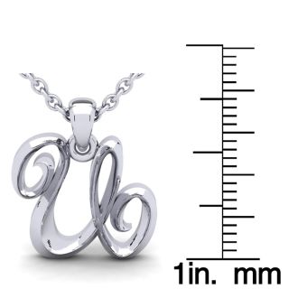 Letter U Swirly Initial Necklace In Heavy 14K White Gold With Free 18 Inch Cable Chain