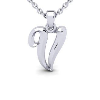 Letter V Swirly Initial Necklace In Heavy 14K White Gold With Free 18 Inch Cable Chain