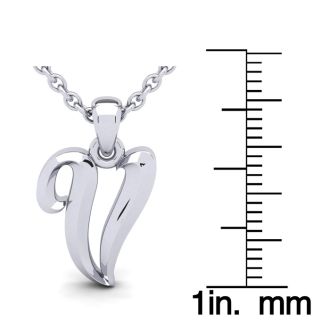 Letter V Swirly Initial Necklace In Heavy 14K White Gold With Free 18 Inch Cable Chain