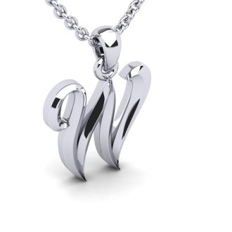 Letter W Swirly Initial Necklace In Heavy 14K White Gold With Free 18 Inch Cable Chain