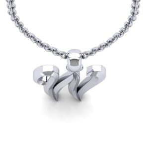 Letter W Swirly Initial Necklace In Heavy 14K White Gold With Free 18 Inch Cable Chain