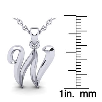 Letter W Swirly Initial Necklace In Heavy 14K White Gold With Free 18 Inch Cable Chain