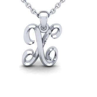 Letter X Swirly Initial Necklace In Heavy 14K White Gold With Free 18 Inch Cable Chain