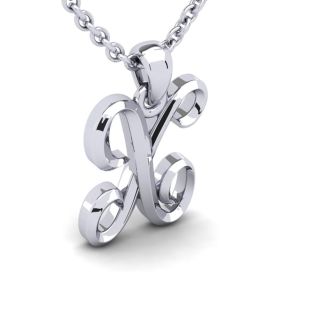 Letter X Swirly Initial Necklace In Heavy 14K White Gold With Free 18 Inch Cable Chain