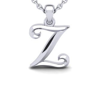 Letter Z Swirly Initial Necklace In Heavy 14K White Gold With Free 18 Inch Cable Chain