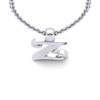 Letter Z Swirly Initial Necklace In Heavy 14K White Gold With Free 18 Inch Cable Chain