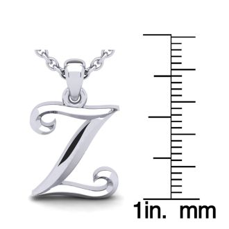 Letter Z Swirly Initial Necklace In Heavy 14K White Gold With Free 18 Inch Cable Chain