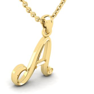 Letter A Swirly Initial Necklace In Heavy 14K Yellow Gold With Free 18 Inch Cable Chain