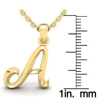 Letter A Swirly Initial Necklace In Heavy 14K Yellow Gold With Free 18 Inch Cable Chain