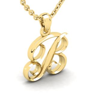 Letter B Swirly Initial Necklace In Heavy 14K Yellow Gold With Free 18 Inch Cable Chain