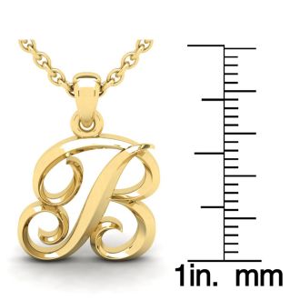 Letter B Swirly Initial Necklace In Heavy 14K Yellow Gold With Free 18 Inch Cable Chain