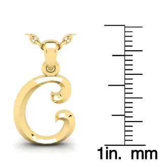 Letter C Swirly Initial Necklace In Heavy 14K Yellow Gold With Free 18 Inch Cable Chain