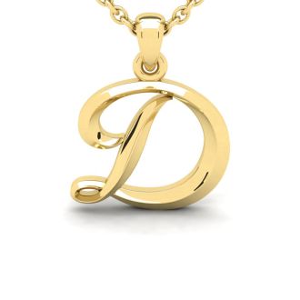 Letter D Swirly Initial Necklace In Heavy 14K Yellow Gold With Free 18 Inch Cable Chain