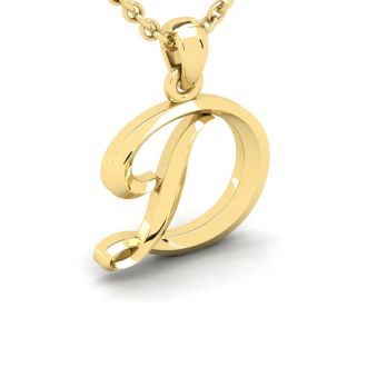 Letter D Swirly Initial Necklace In Heavy 14K Yellow Gold With Free 18 Inch Cable Chain