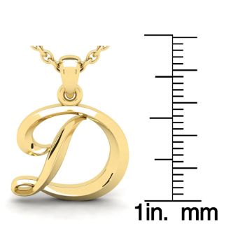 Letter D Swirly Initial Necklace In Heavy 14K Yellow Gold With Free 18 Inch Cable Chain