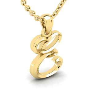 Letter E Swirly Initial Necklace In Heavy 14K Yellow Gold With Free 18 Inch Cable Chain