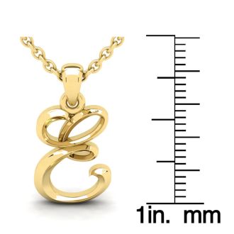Letter E Swirly Initial Necklace In Heavy 14K Yellow Gold With Free 18 Inch Cable Chain