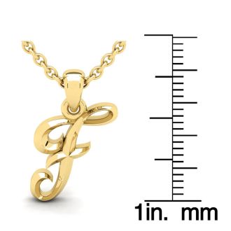 Letter F Swirly Initial Necklace In Heavy 14K Yellow Gold With Free 18 Inch Cable Chain