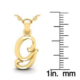 Letter G Swirly Initial Necklace In Heavy 14K Yellow Gold With Free 18 Inch Cable Chain