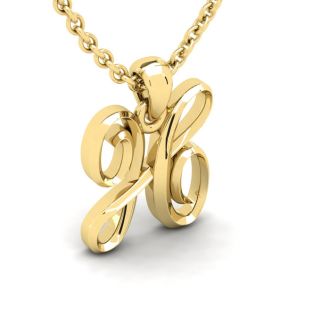 Letter H Swirly Initial Necklace In Heavy 14K Yellow Gold With Free 18 Inch Cable Chain