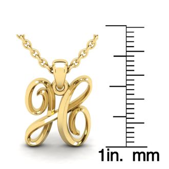 Letter H Swirly Initial Necklace In Heavy 14K Yellow Gold With Free 18 Inch Cable Chain