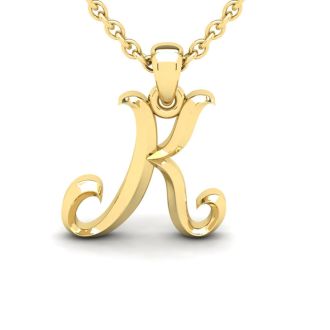 Letter K Swirly Initial Necklace In Heavy 14K Yellow Gold With Free 18 Inch Cable Chain