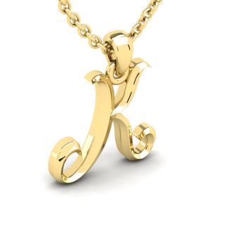 Letter K Swirly Initial Necklace In Heavy 14K Yellow Gold With Free 18 Inch Cable Chain