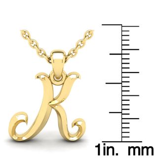 Letter K Swirly Initial Necklace In Heavy 14K Yellow Gold With Free 18 Inch Cable Chain