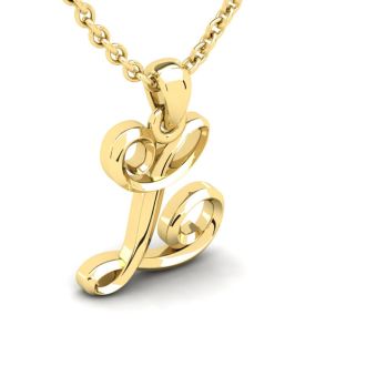 Letter L Swirly Initial Necklace In Heavy 14K Yellow Gold With Free 18 Inch Cable Chain