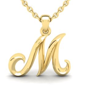 Letter M Swirly Initial Necklace In Heavy 14K Yellow Gold With Free 18 Inch Cable Chain