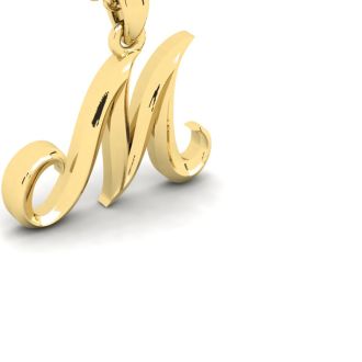 Letter M Swirly Initial Necklace In Heavy 14K Yellow Gold With Free 18 Inch Cable Chain