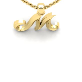 Letter M Swirly Initial Necklace In Heavy 14K Yellow Gold With Free 18 Inch Cable Chain