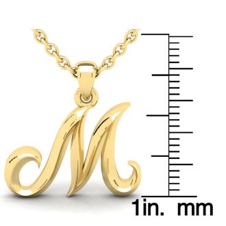 Letter M Swirly Initial Necklace In Heavy 14K Yellow Gold With Free 18 Inch Cable Chain