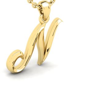 Letter N Swirly Initial Necklace In Heavy 14K Yellow Gold With Free 18 Inch Cable Chain