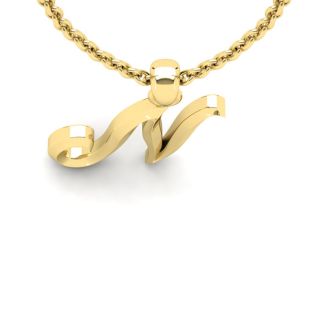 Letter N Swirly Initial Necklace In Heavy 14K Yellow Gold With Free 18 Inch Cable Chain