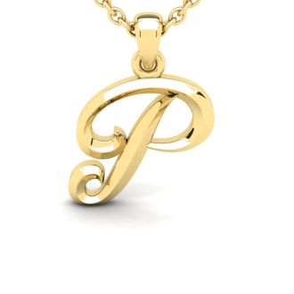 Letter P Swirly Initial Necklace In Heavy 14K Yellow Gold With Free 18 Inch Cable Chain