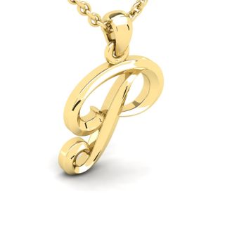 Letter P Swirly Initial Necklace In Heavy 14K Yellow Gold With Free 18 Inch Cable Chain
