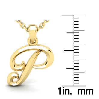 Letter P Swirly Initial Necklace In Heavy 14K Yellow Gold With Free 18 Inch Cable Chain