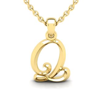 Letter Q Swirly Initial Necklace In Heavy 14K Yellow Gold With Free 18 Inch Cable Chain