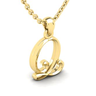 Letter Q Swirly Initial Necklace In Heavy 14K Yellow Gold With Free 18 Inch Cable Chain
